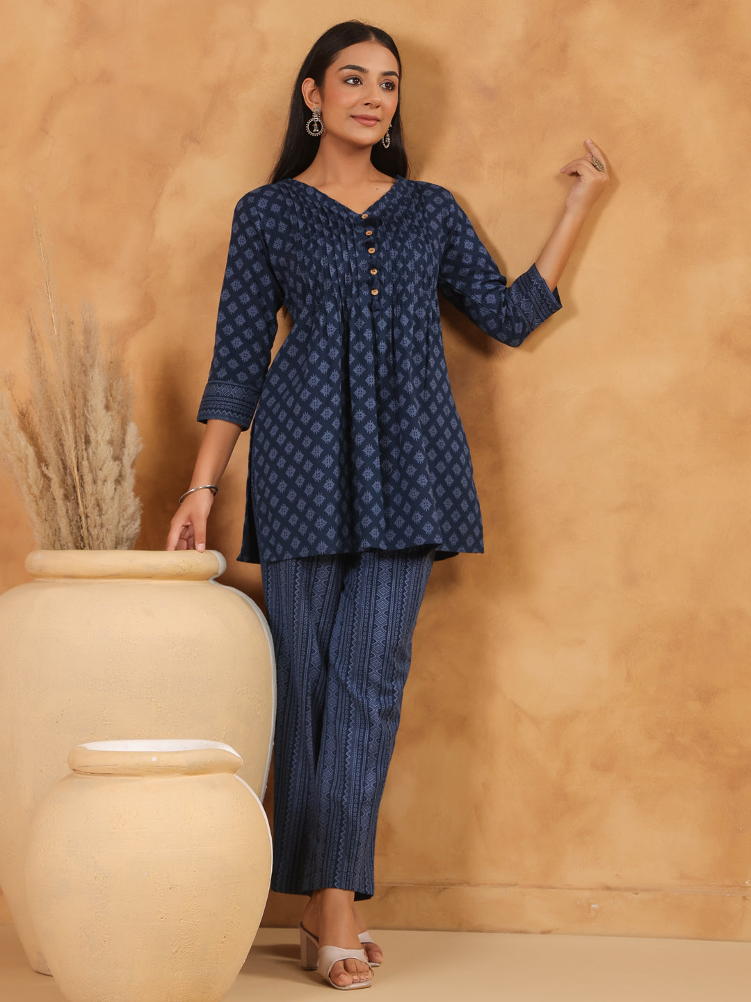 Span Blue V Neck Cotton Co-Ord Set(Set of 2)