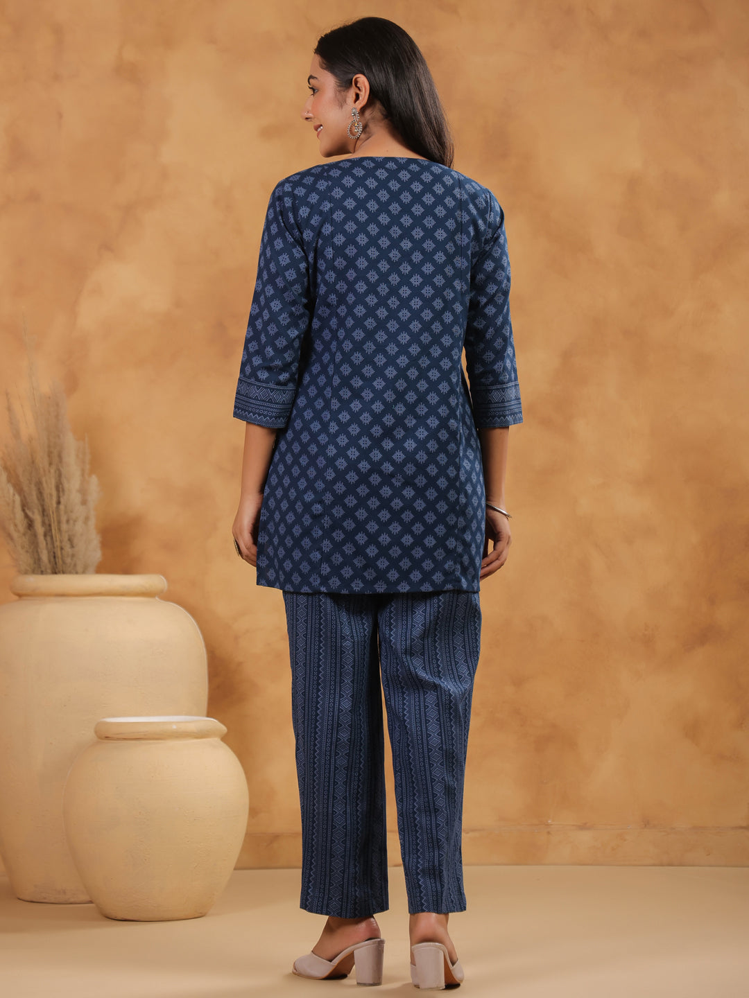 Span Blue V Neck Cotton Co-Ord Set(Set of 2)