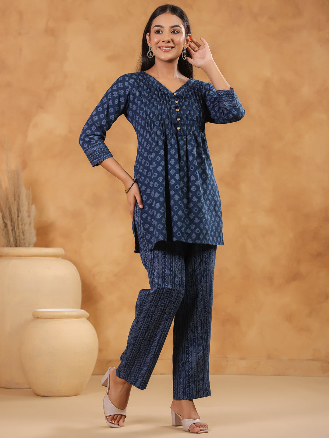 Span Blue V Neck Cotton Co-Ord Set(Set of 2)