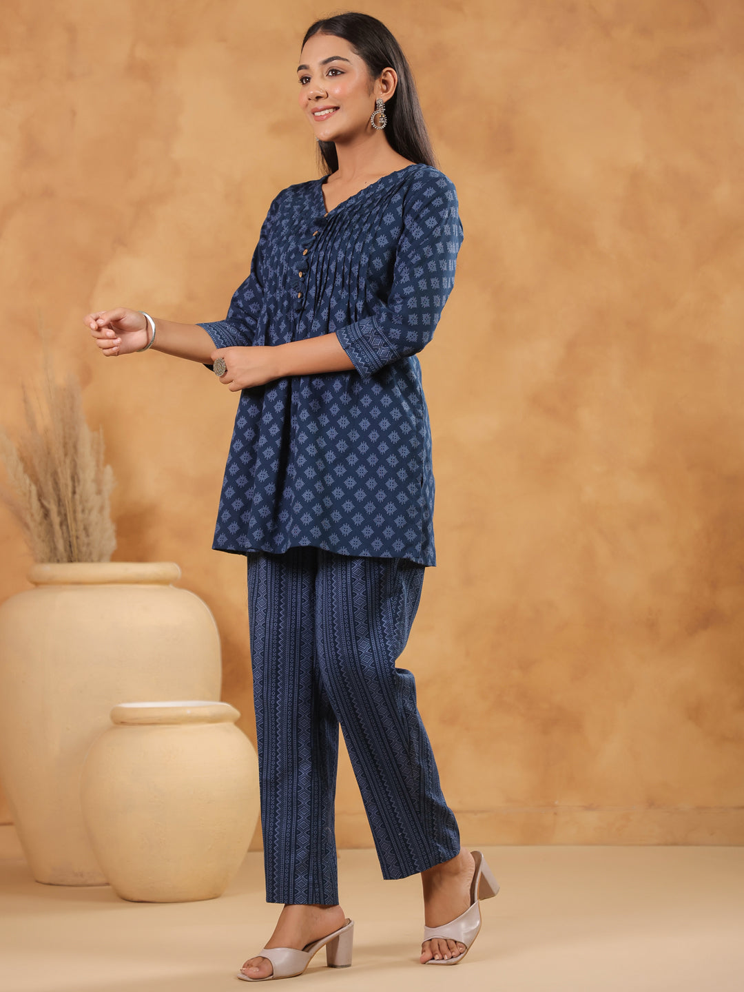 Span Blue V Neck Cotton Co-Ord Set(Set of 2)