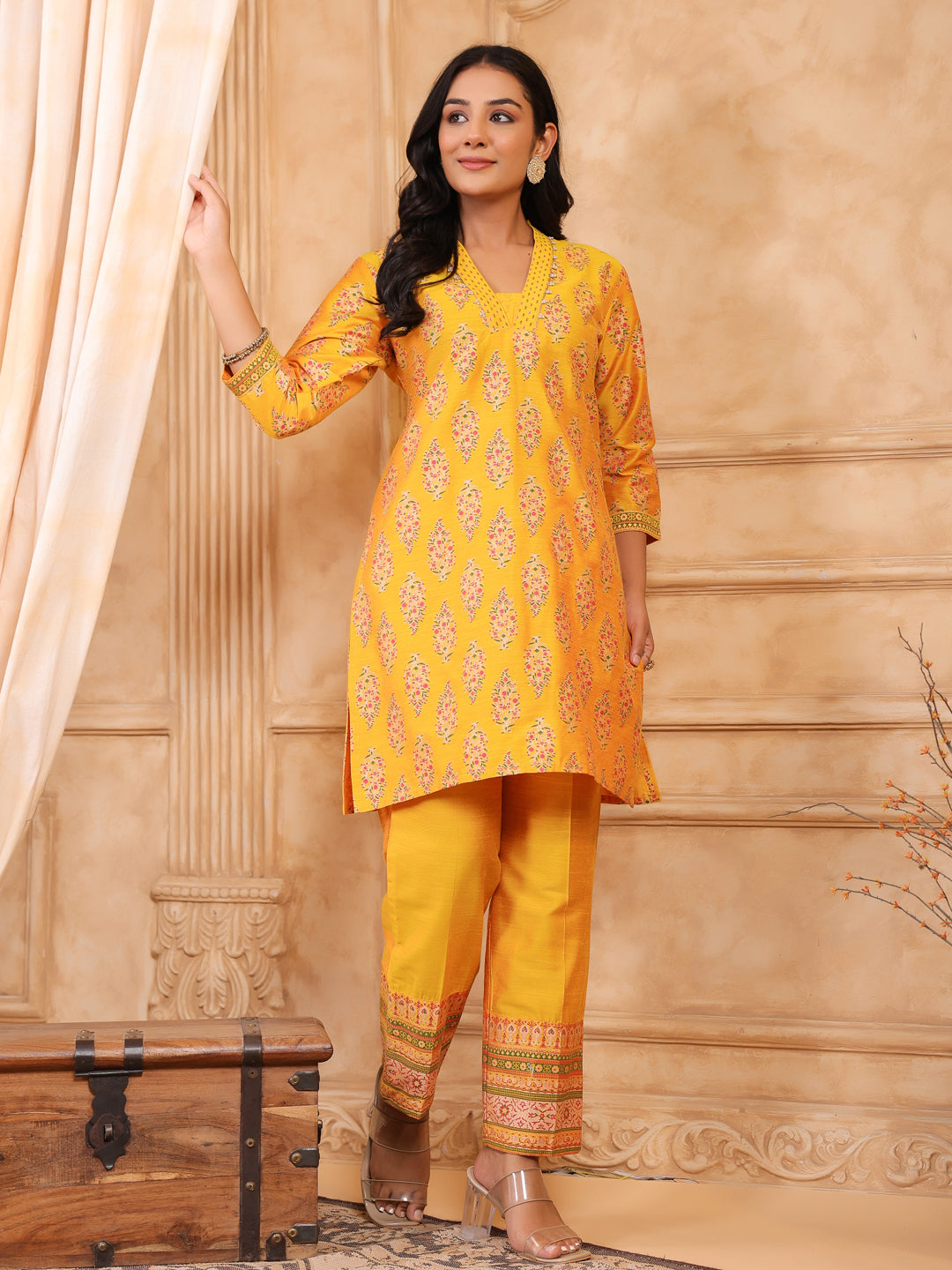 Span Yellow Deep V Silk Co-Ord Set(Set of2)