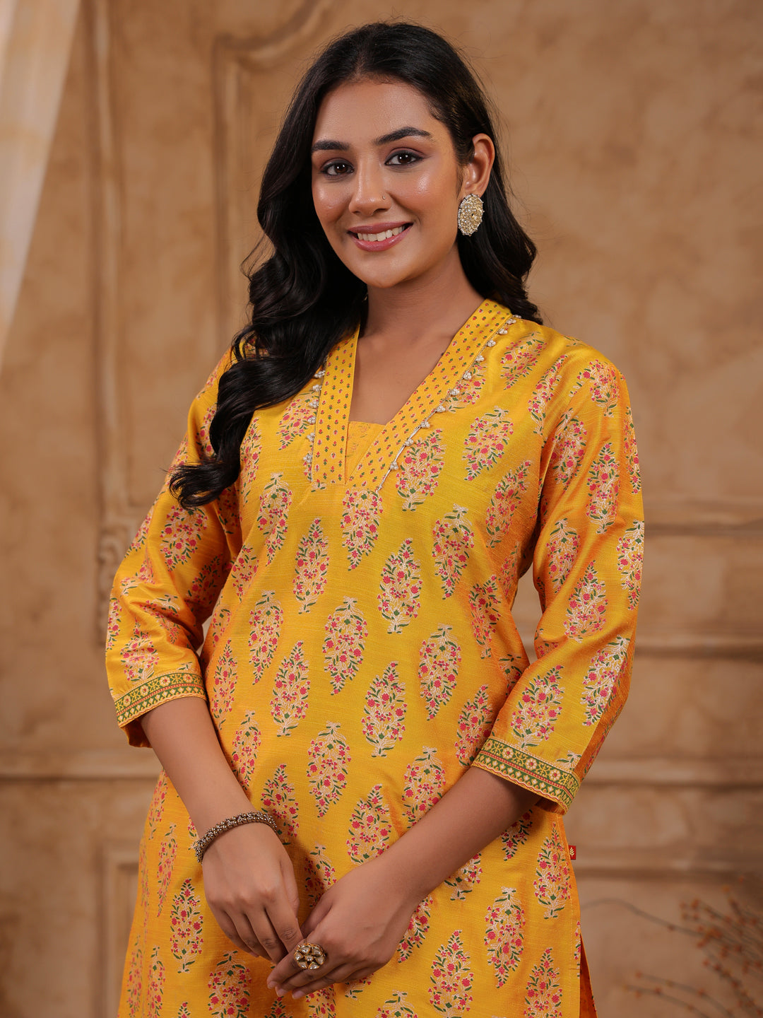 Span Yellow Deep V Silk Co-Ord Set(Set of2)