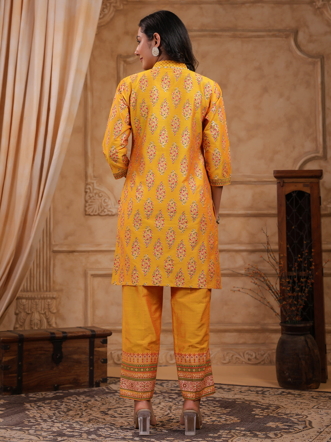 Span Yellow Deep V Silk Co-Ord Set(Set of2)