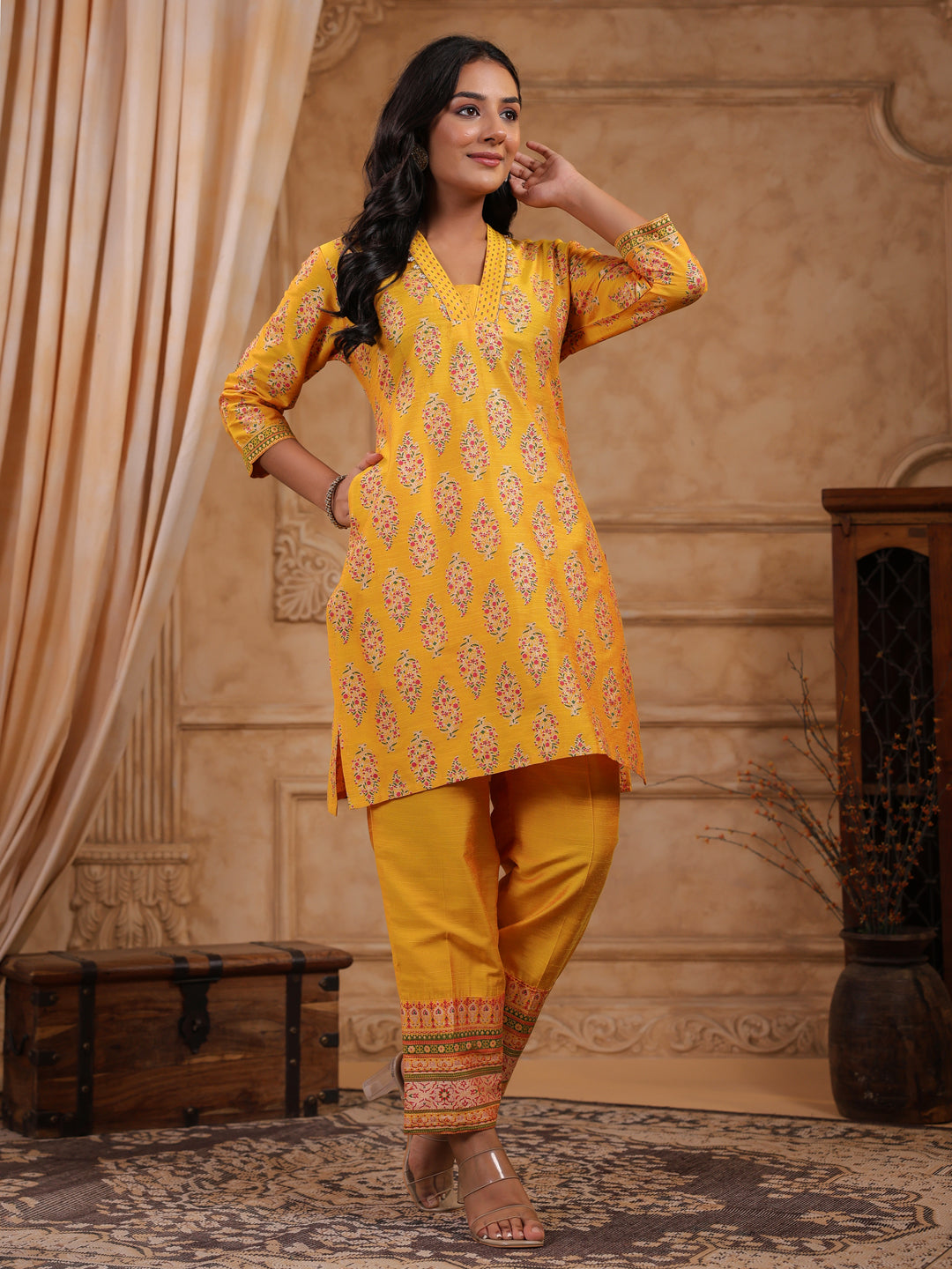 Span Yellow Deep V Silk Co-Ord Set(Set of2)