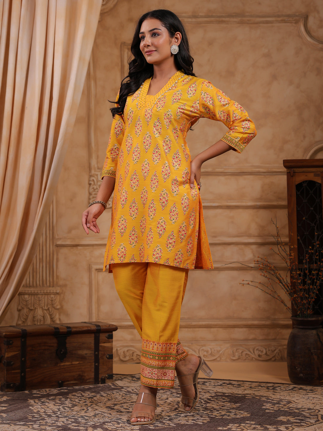 Span Yellow Deep V Silk Co-Ord Set(Set of2)