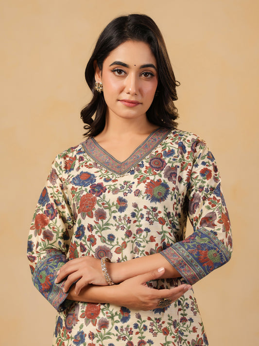 Span Ivory V Neck Silk Cord Set