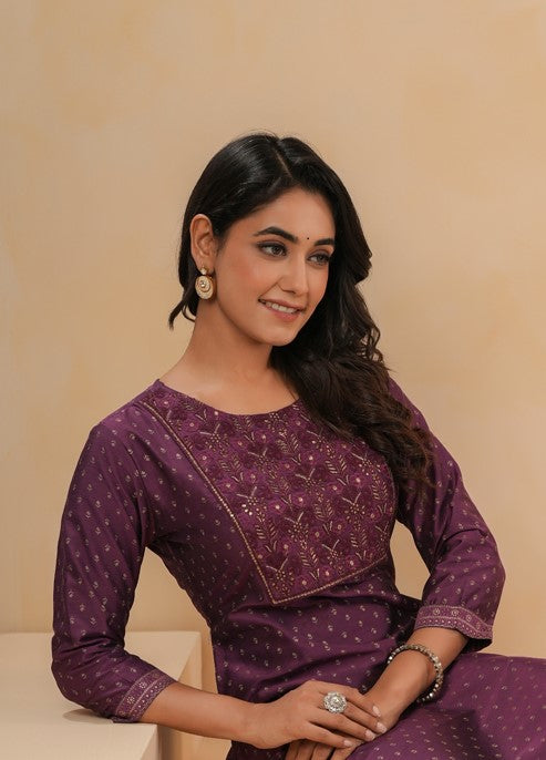 Span Purple Round Neck Silk Kurta