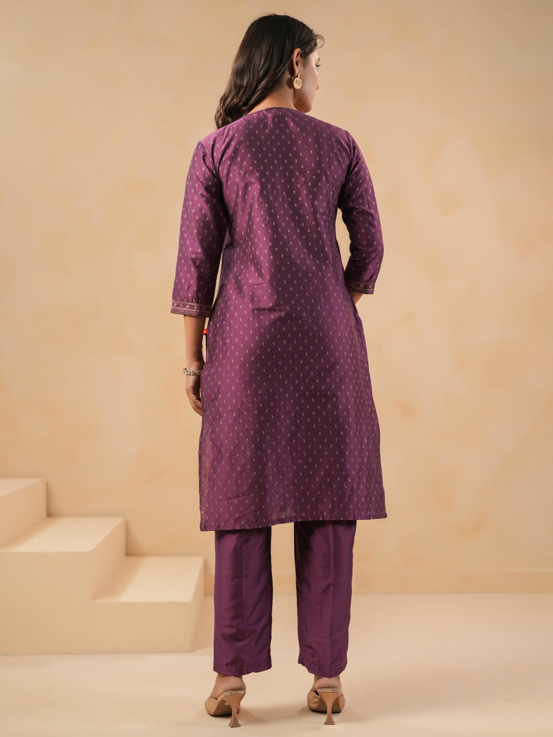 Span Purple Round Neck Silk Kurta