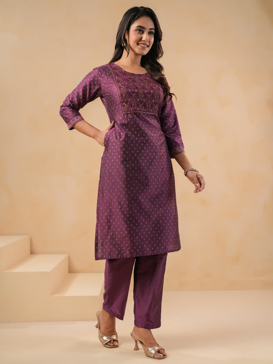 Span Purple Round Neck Silk Kurta