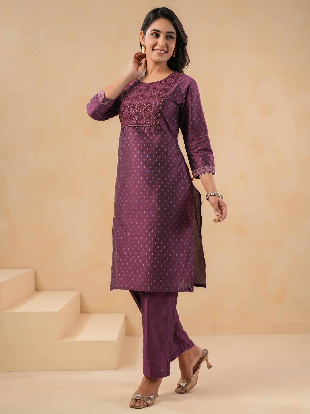 Span Purple Round Neck Silk Kurta