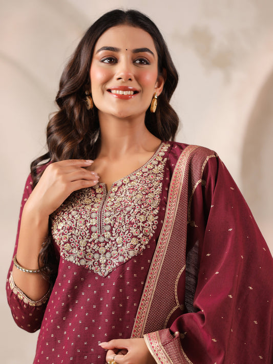 Span Purple Round V Neck Silk Kurta