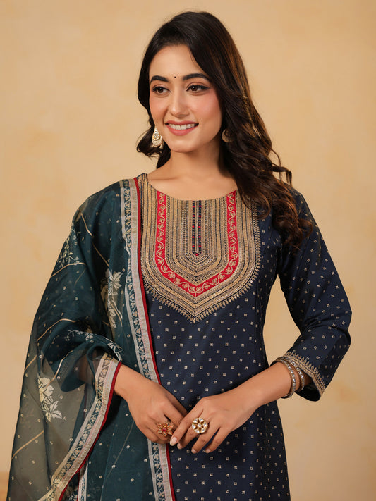 Span Blue Round V Neck Silk Kurta