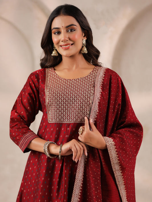 Span Burgundy Round Neck Silk Kurta