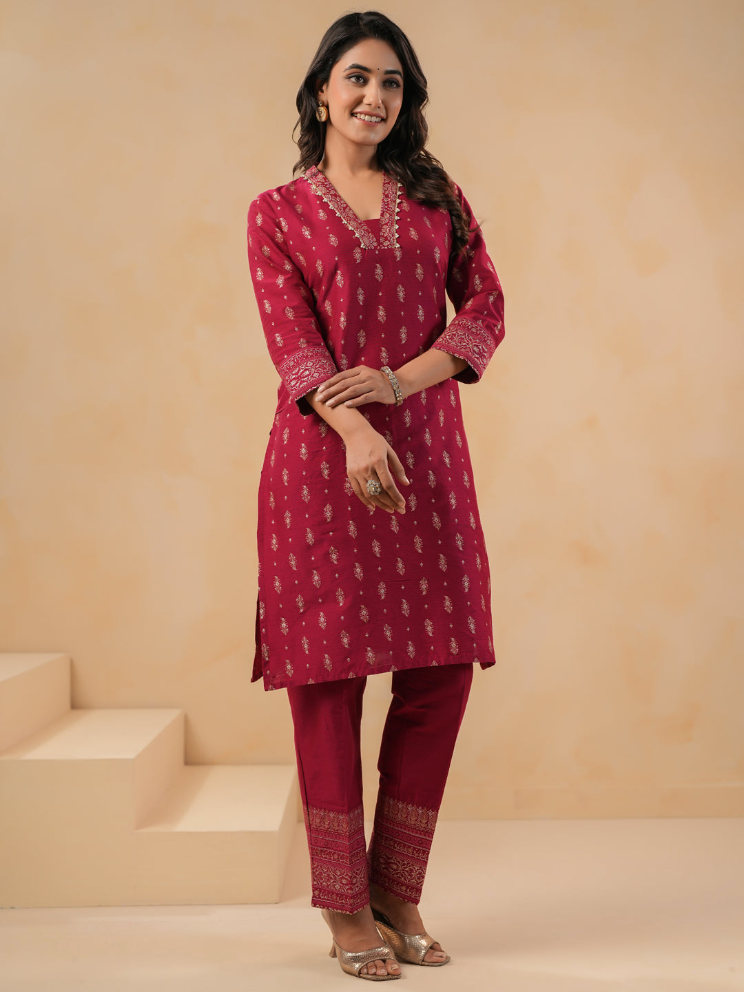 Span Red Deep V Silk Co-Ord Set