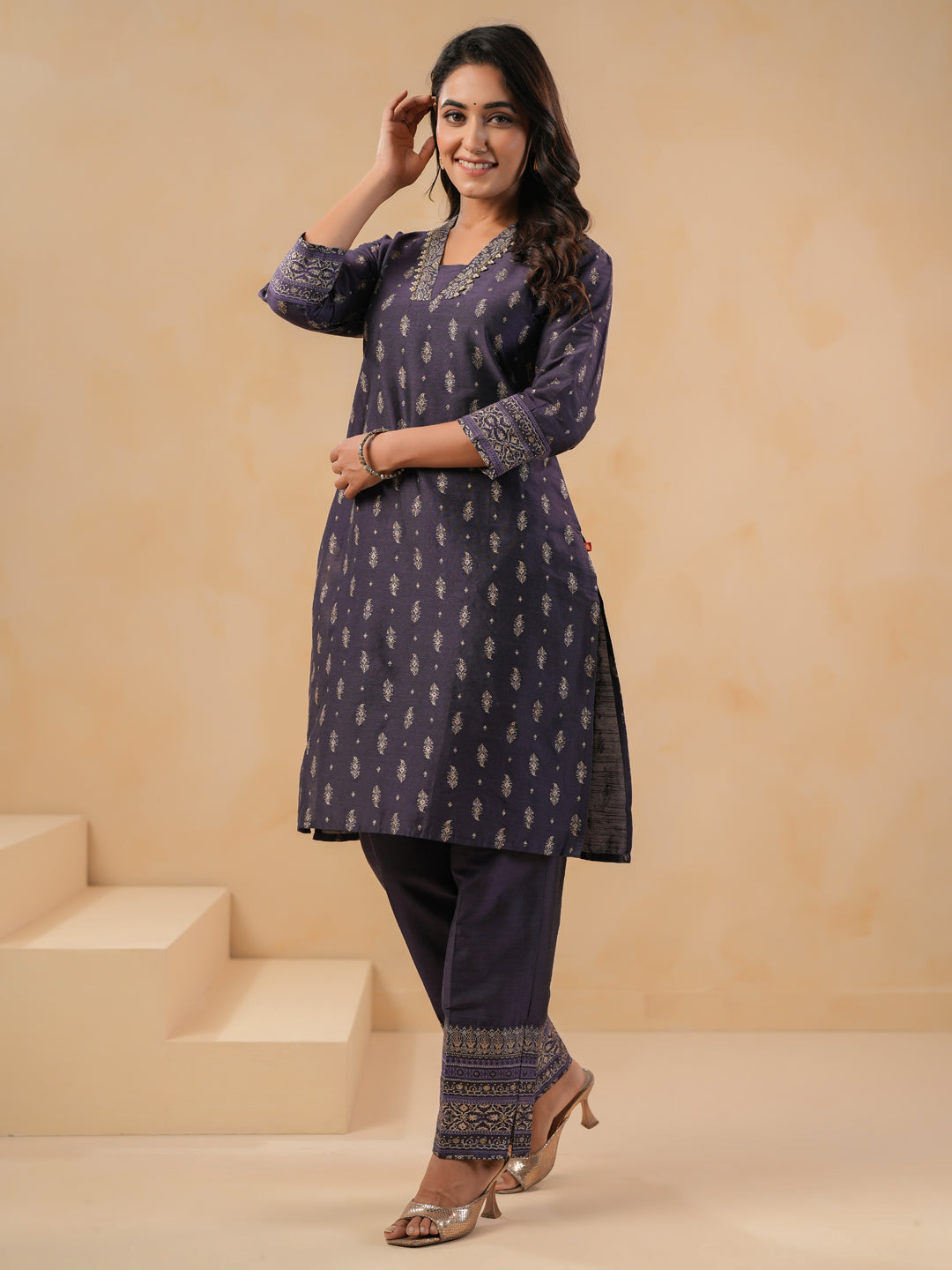 Span Purple Deep V Silk Co-Ord Set