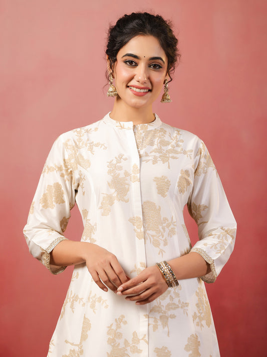 Span White Mandarin Neck Silk Cord Set