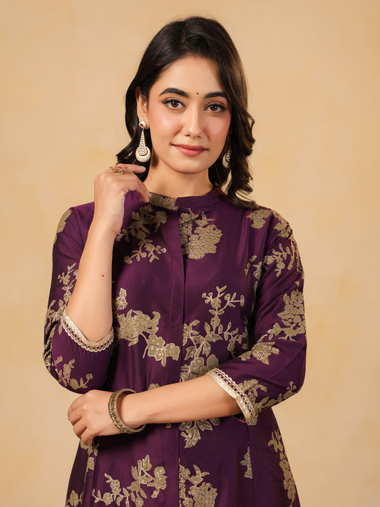 Span Purple Mandarin Neck Silk Co-Ord Set