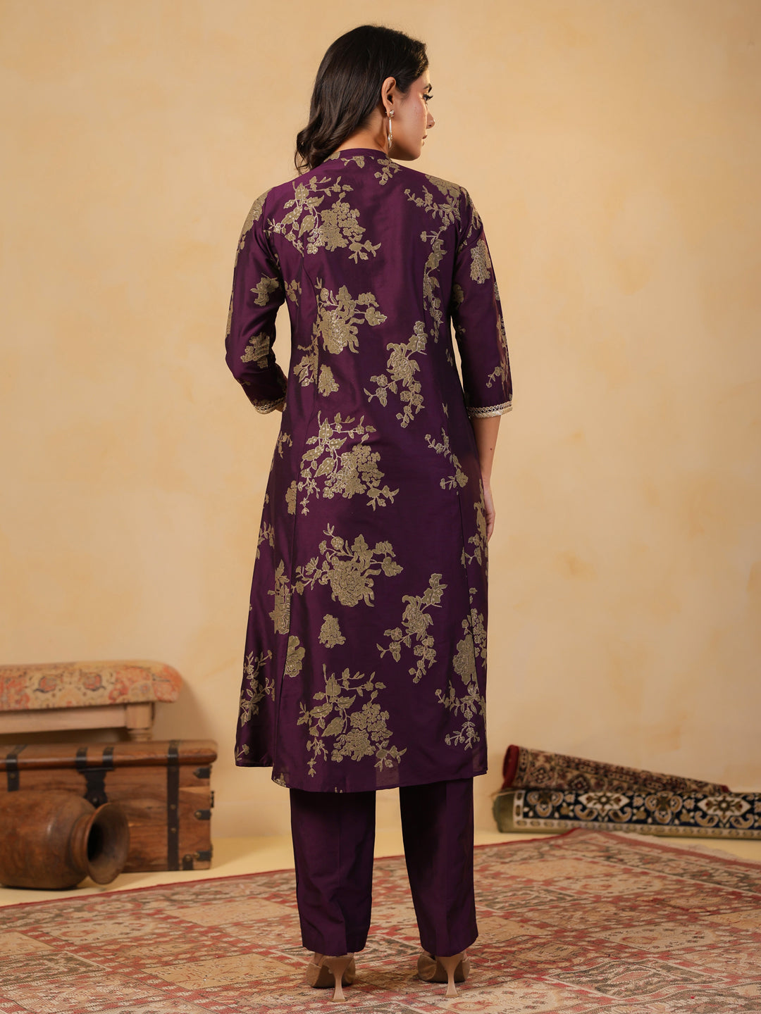 Span Purple Mandarin Neck Silk Co-Ord Set