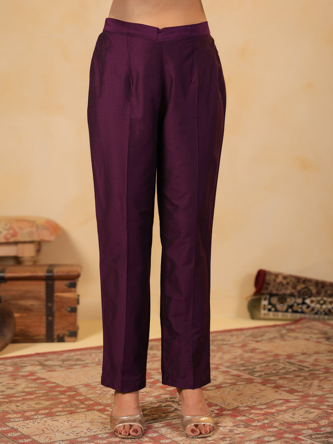 Span Purple Mandarin Neck Silk Co-Ord Set