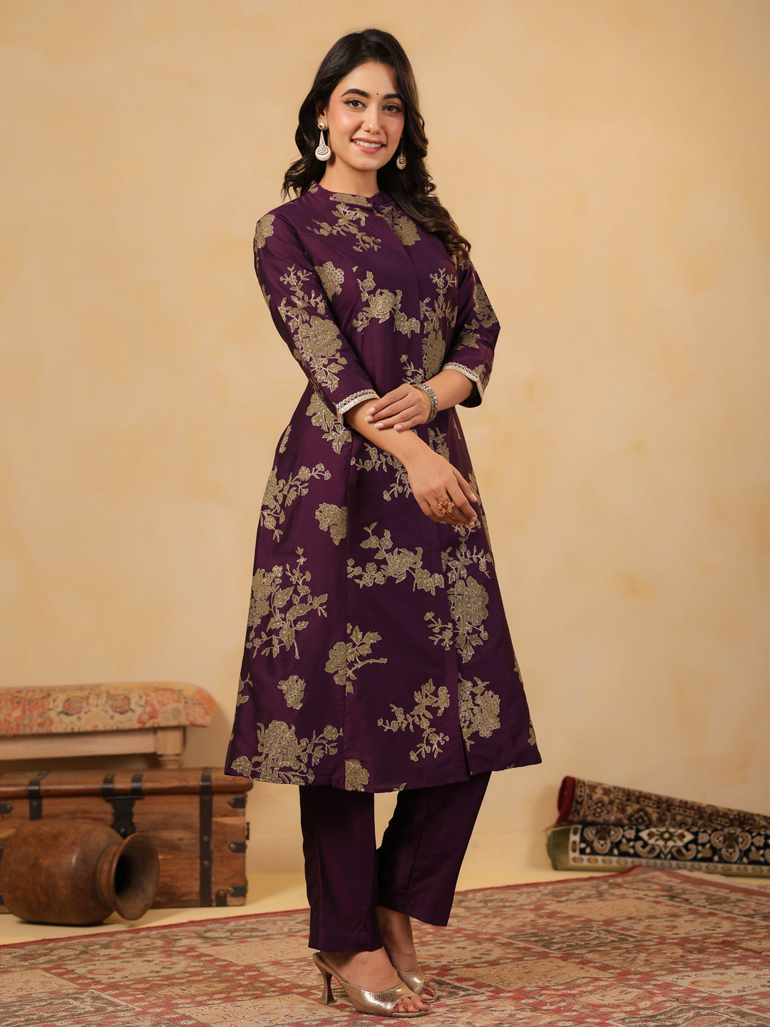 Span Purple Mandarin Neck Silk Co-Ord Set
