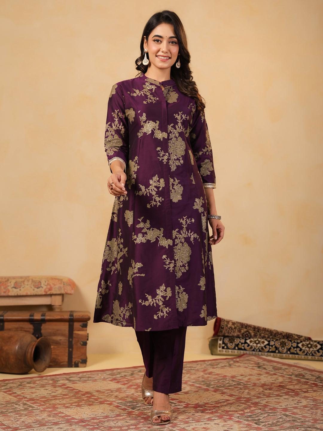 Span Purple Mandarin Neck Silk Co-Ord Set