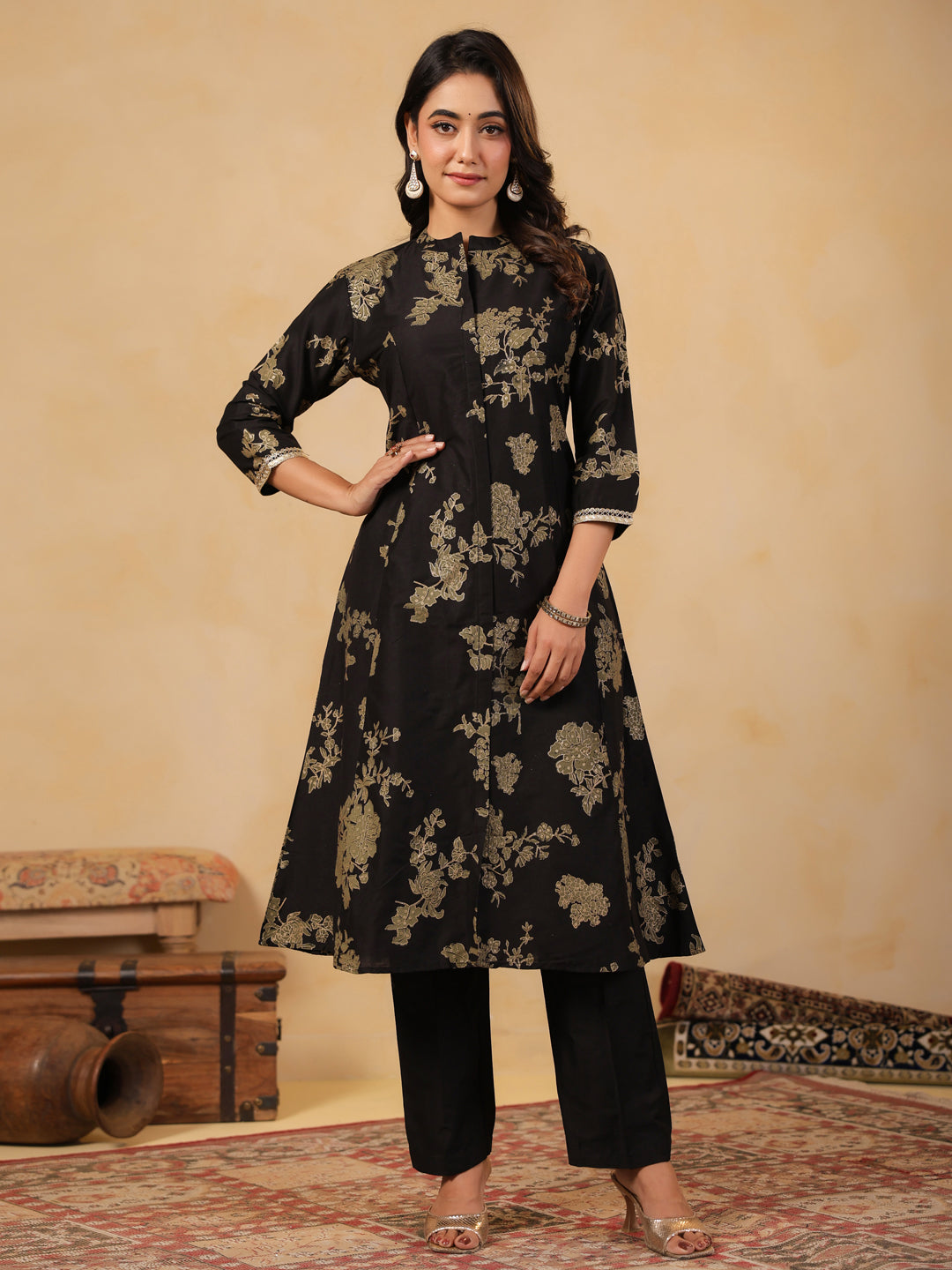 Span Black Mandarin Neck Silk Co-Ord Set