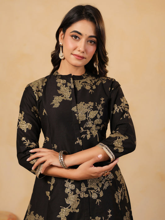 Span Black Mandarin Neck Silk Co-Ord Set