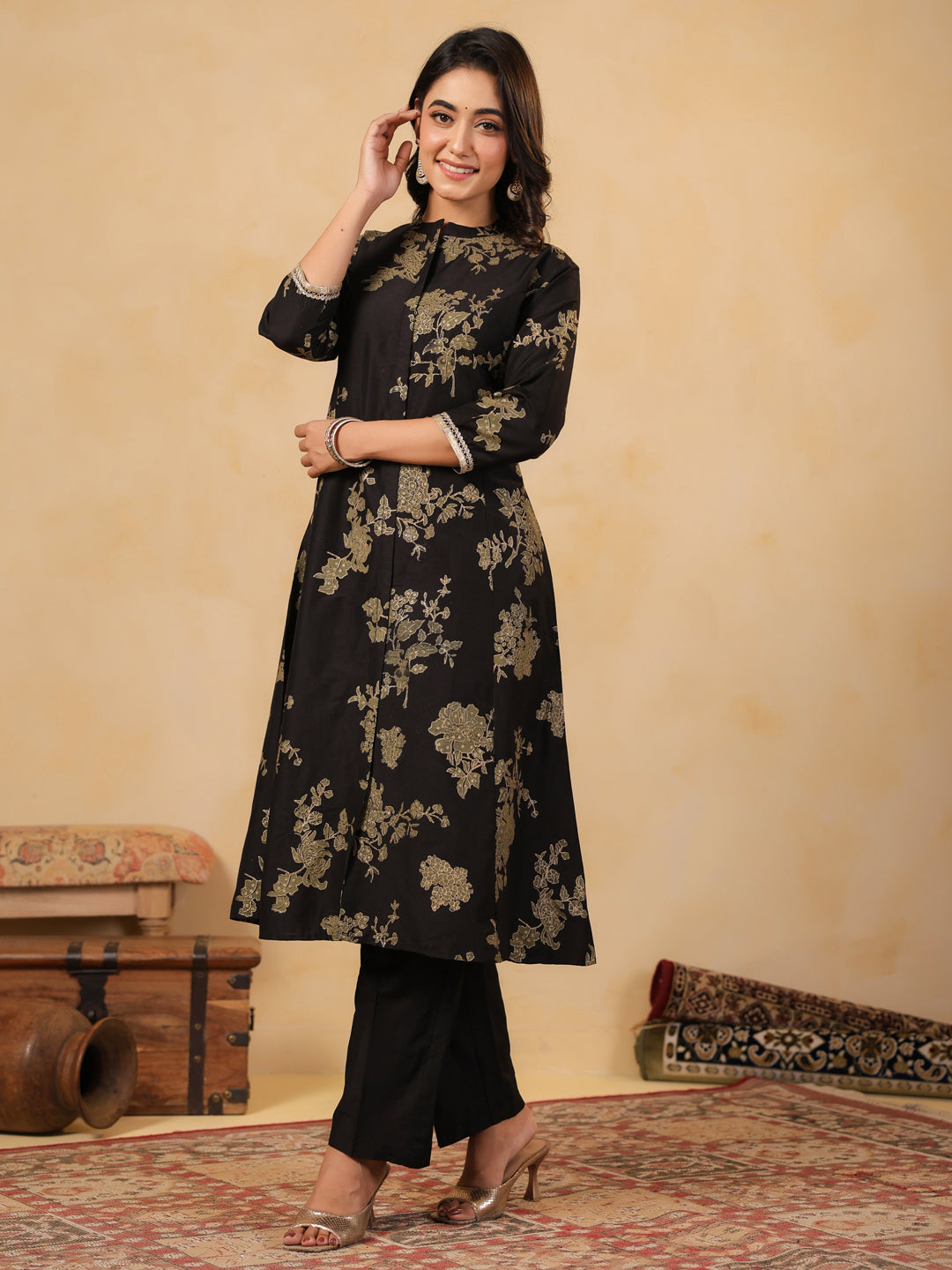Span Black Mandarin Neck Silk Co-Ord Set