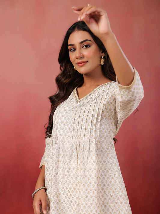 Span White V Neck Viscose Short Kurta