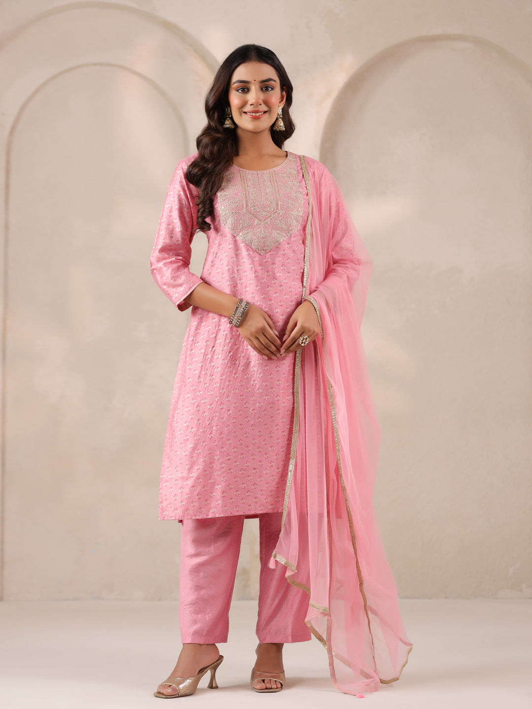Span Pink Round Neck Visocse Kurta Set with Dupatta