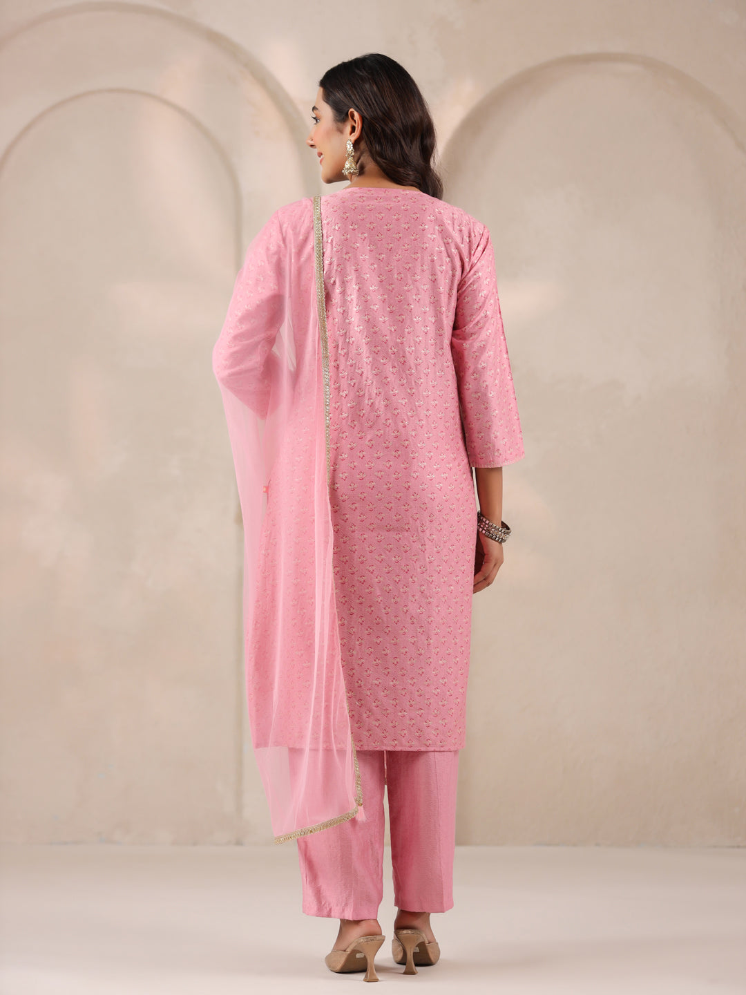 Span Pink Round Neck Visocse Kurta Set with Dupatta