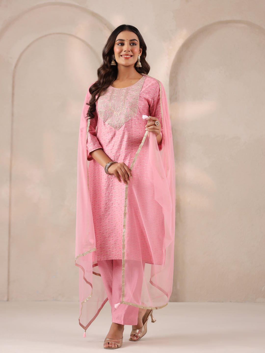 Span Pink Round Neck Visocse Kurta Set with Dupatta