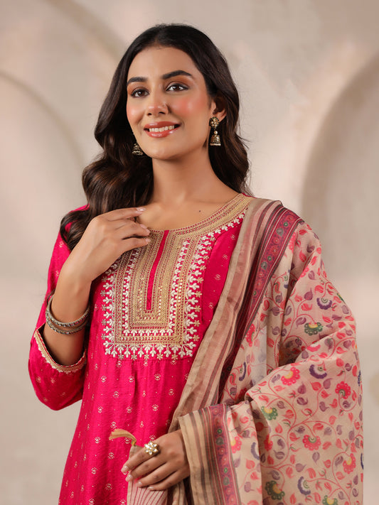 Span Pink Round Neck Visocse Kurta Set with Dupatta