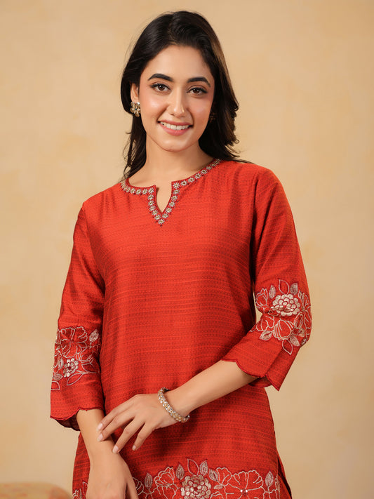 Span Orange Round V Neck Viscose Cord Set