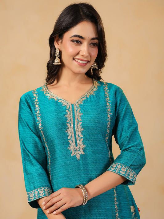 Span Blue Round V Neck Viscose Cord Set