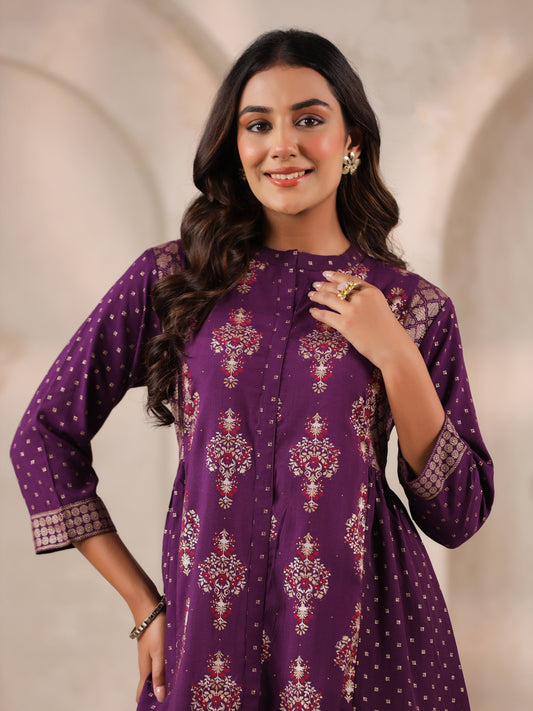 Span Purple Mandarin Rayon Short Kurta