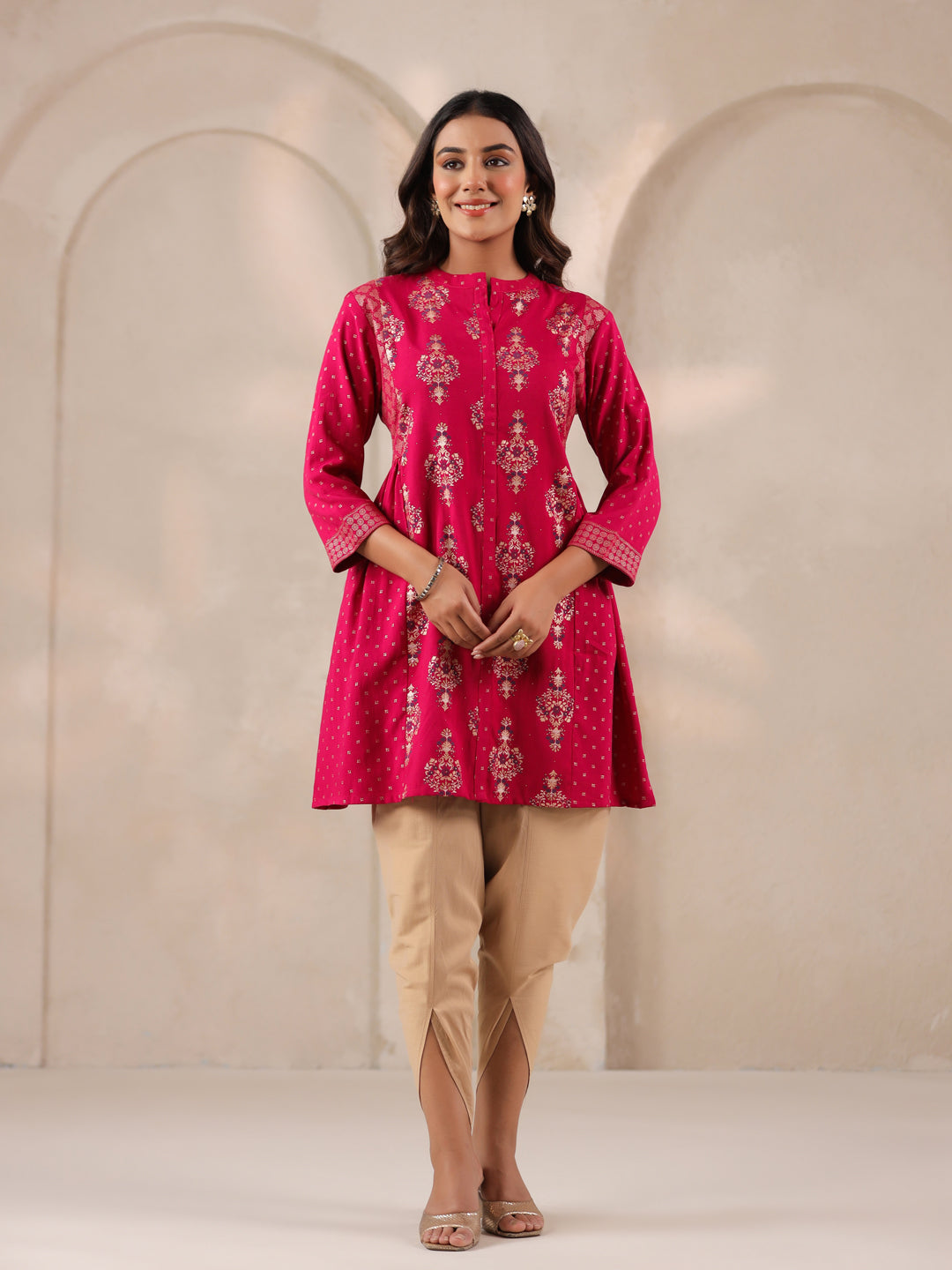 Span Pink Mandarin Rayon Short Kurta