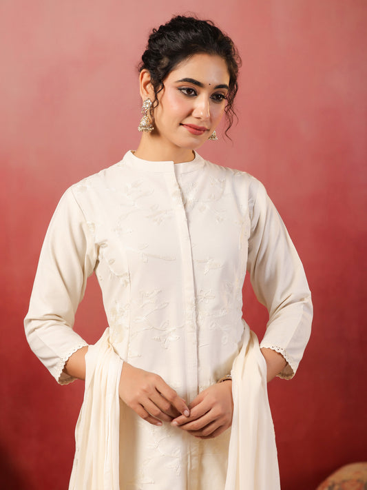 Span Off White Mandarin Neck Cotton Kurta Set with Dupatta