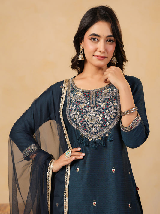 Span Blue Round Neck Viscose Kurta Set with Dupatta