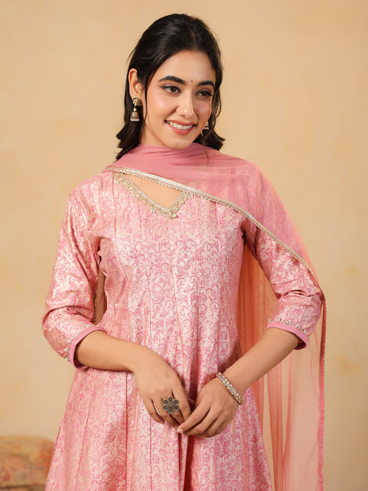 Span Pink V Neck Viscose Kurta Set with Dupatta