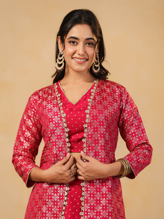 Span Pink V Neck Viscose Jacket Style 3PCS Set