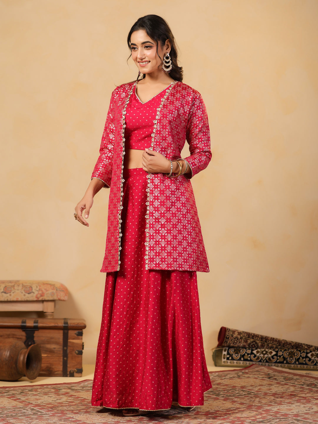 Span Pink V Neck Viscose Jacket Style 3PCS Set