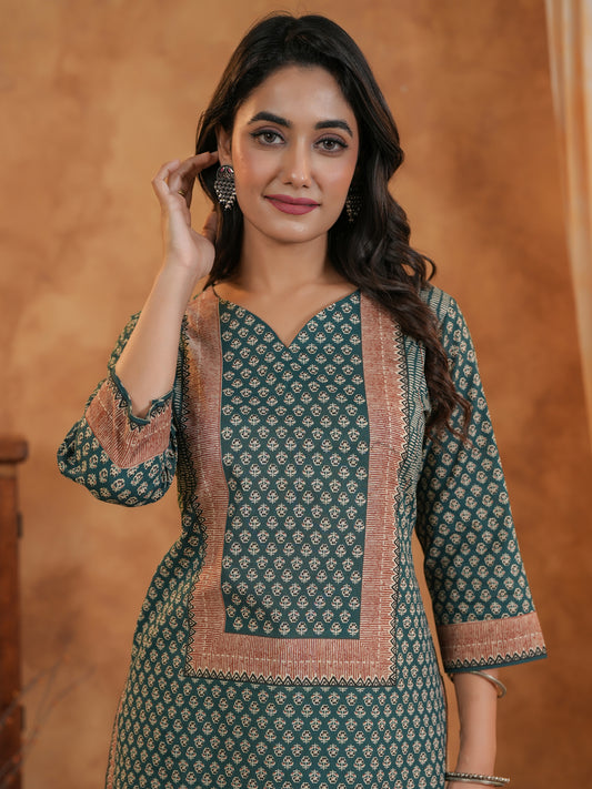 Span Green V Neck Cotton Kurta