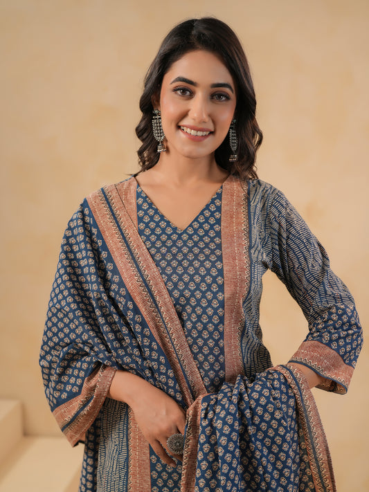Span Blue V Neck Cotton Kurta Set with Dupatta