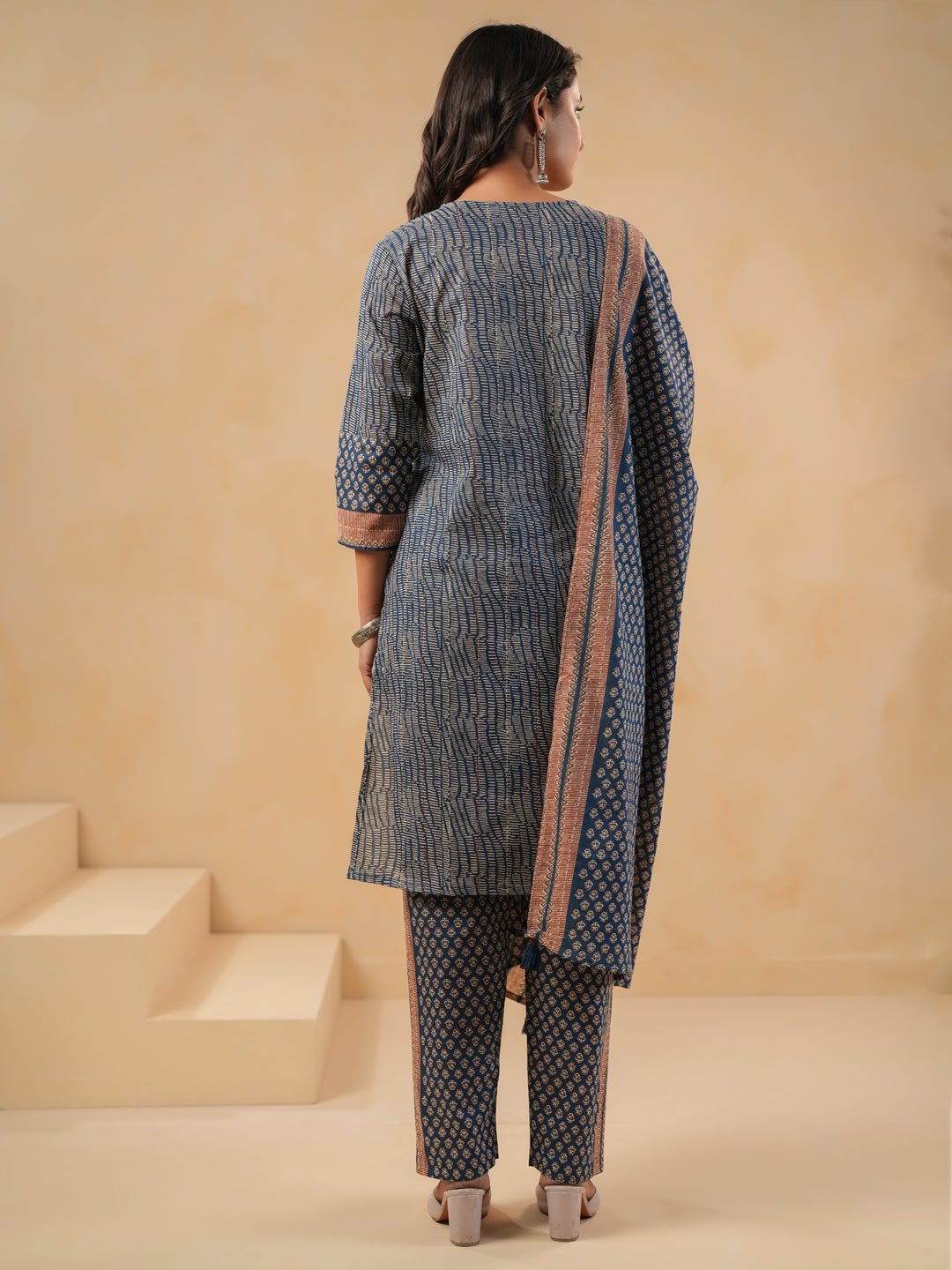 Span Blue V Neck Cotton Kurta Set with Dupatta