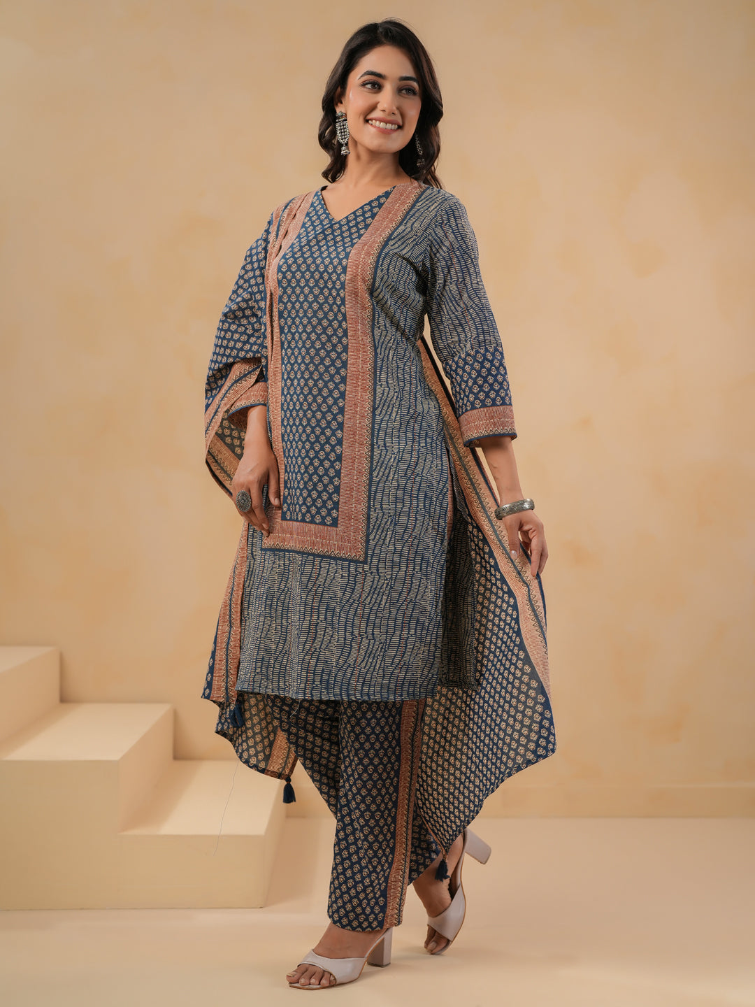 Span Blue V Neck Cotton Kurta Set with Dupatta