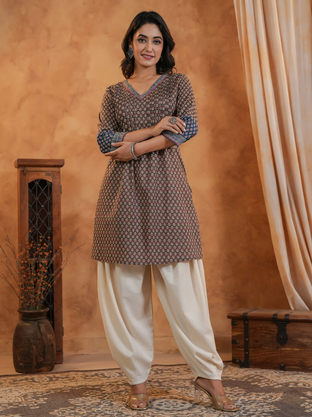 Span Brown V Neck Cotton Short Kurta