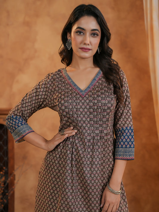 Span Brown V Neck Cotton Short Kurta