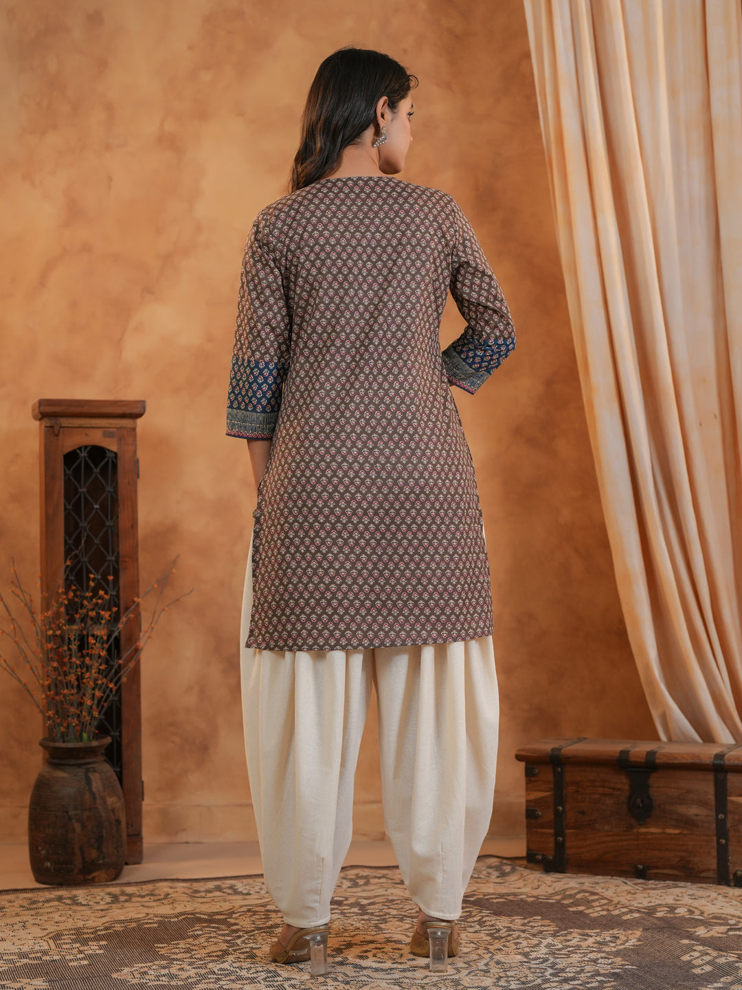 Span Brown V Neck Cotton Short Kurta