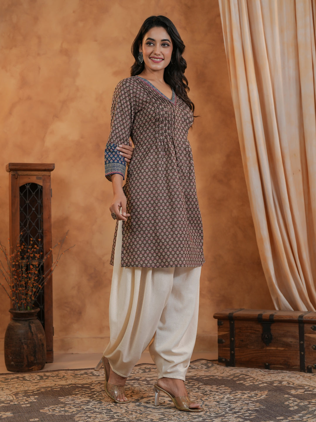 Span Brown V Neck Cotton Short Kurta